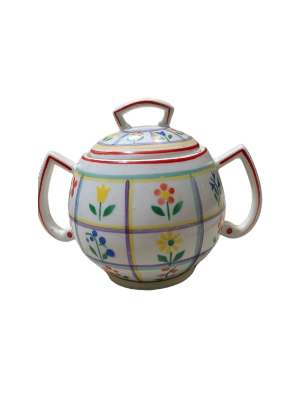 Unbranded Floral Plaid Sugar Bowl with Lid, White/Multicolor 3.25 x 4.25 in